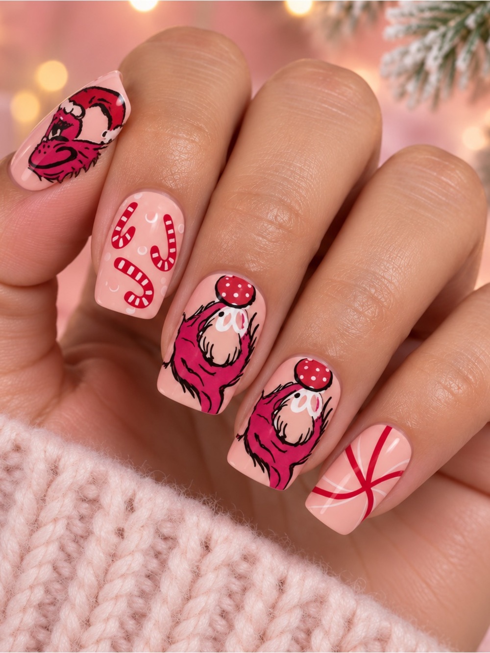 Pink Grinch Christmas Press-On Nails Candy Cane Square Holiday Set AC106